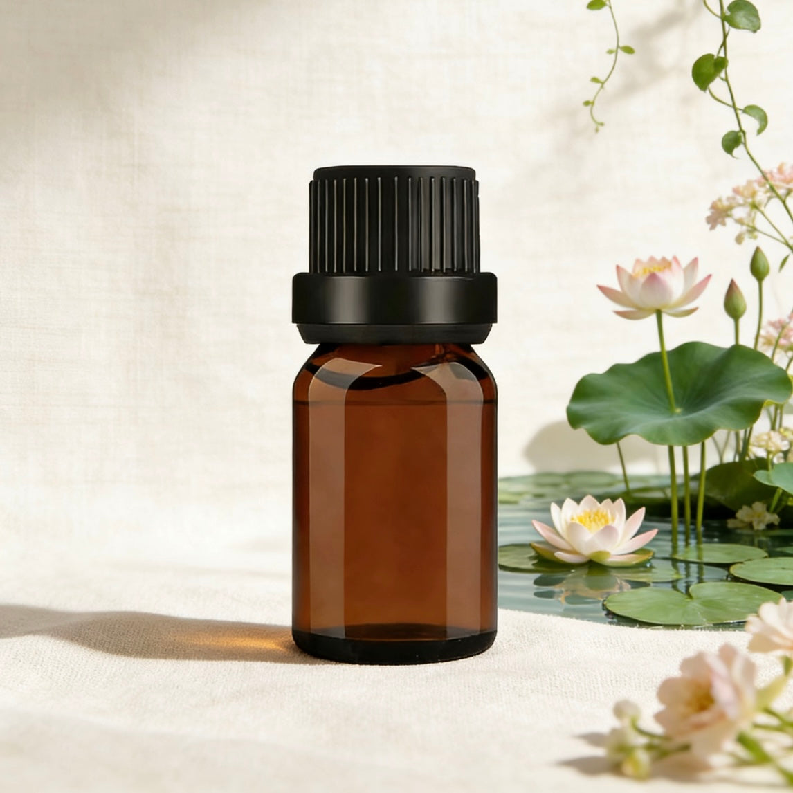 Amber glass essential oil bottle, surrounded by lotus flowers and greenery, ideal for aromatherapy, candle making, and natural wellness products