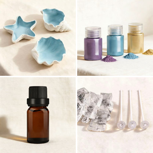 Collage of candle making supplies, including seashell-shaped ceramic molds, mica powder in purple, blue, and gold, an amber essential oil bottle, and clear wax chunks with wicks, displayed on a neutral linen background