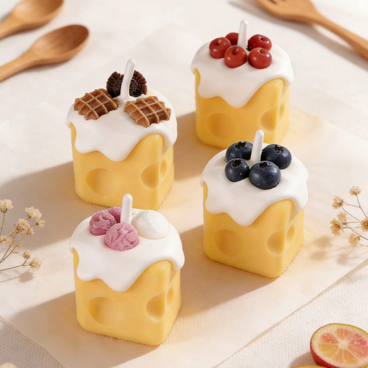Assortment of realistic cheese-shaped candles with white cream wax drizzle, topped with decorative waffle, cookie, cherry, blueberry, and ice cream wax sculptures, styled with wooden utensils, dried flowers, and citrus slices on a neutral background