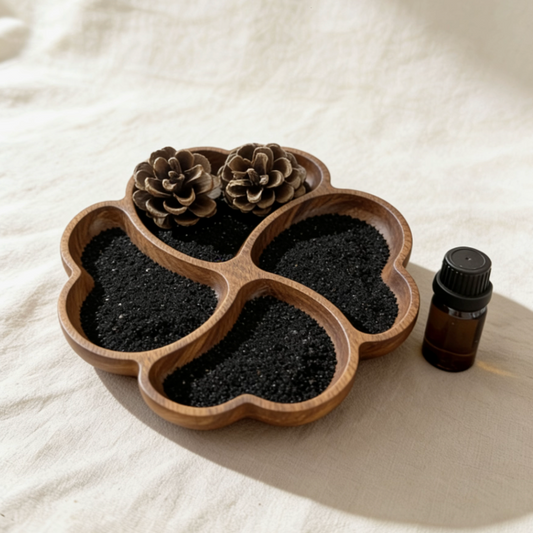 Decorative sand candle in a clover-shaped wooden bowl, filled with black sand and topped with two pinecones, accompanied by an amber essential oil bottle on a soft white linen background
