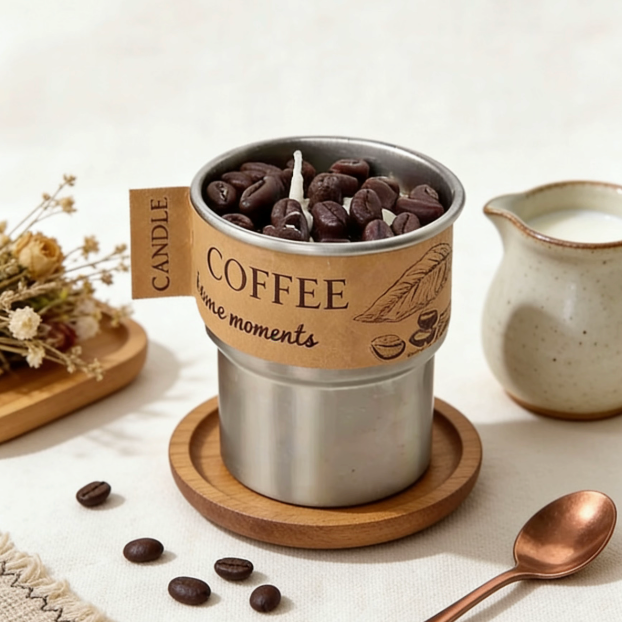 Coffee-inspired candle in a stainless steel tumbler, topped with realistic coffee bean wax sculptures, labeled "COFFEE inner moments", styled in a cozy table setting with a wooden tray, dried flowers, ceramic milk jug, copper spoon, and scattered coffee beans
