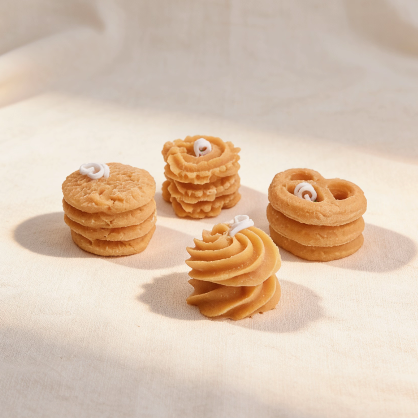 Assortment of realistic cookie-shaped decorative candles, including stacked round cookies, swirled buttercream, pretzel, and flowered designs, displayed on a neutral background