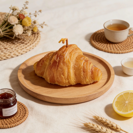 Croissant-shaped candle on a wooden plate, styled with tea, jam and dried flowers