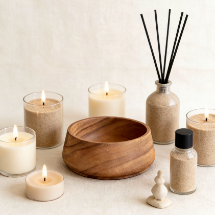 Curved-side wooden bowl surrounded by lit candles, reed diffuser, and minimalist home decor, creating a cozy and serene ambiance