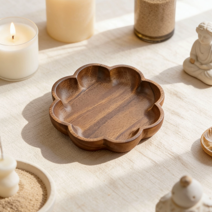 Flower-shaped wooden candle tray surrounded by lit candles, Buddha statue, and minimalist home decor, creating a serene and calming ambiance