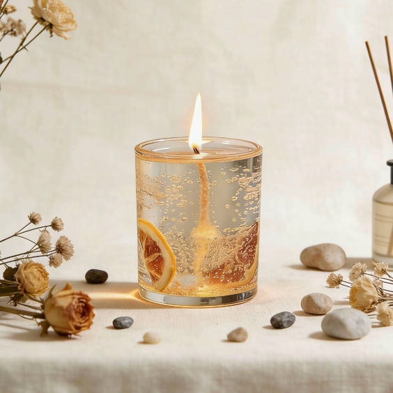 Transparent gel candle with embedded dried orange slices and suspended bubbles, surrounded by dried flowers, stones, and minimalist home decor, creating a fresh and luminous ambiance when lit