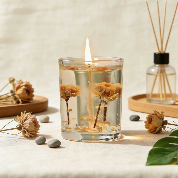 Transparent gel candle with embedded dried roses and gold flakes, surrounded by dried flowers, reed diffuser, and minimalist home decor, creating a luminous and elegant ambiance when lit
