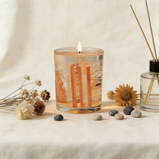 Transparent gel candle with embedded wooden wicks and suspended bubbles, surrounded by dried flowers, stones, reed diffuser, and minimalist home decor, creating a warm and luminous ambiance when lit