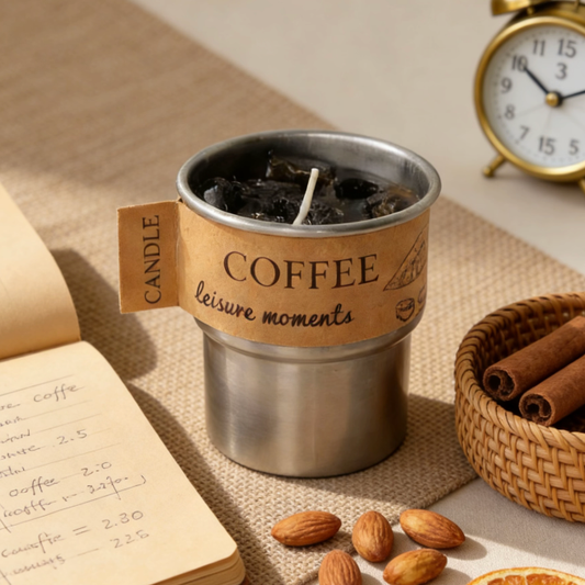 Iced coffee-inspired candle in a stainless steel tumbler, with dark coffee-colored wax and realistic ice cube wax sculptures, labeled "COFFEE leisure moments", styled in a cozy table setting with a notebook, alarm clock, cinnamon sticks, almonds, and a dried orange slice