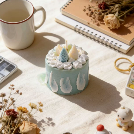 Mini cake-shaped candle styled on a desk with stationery and dried flowers