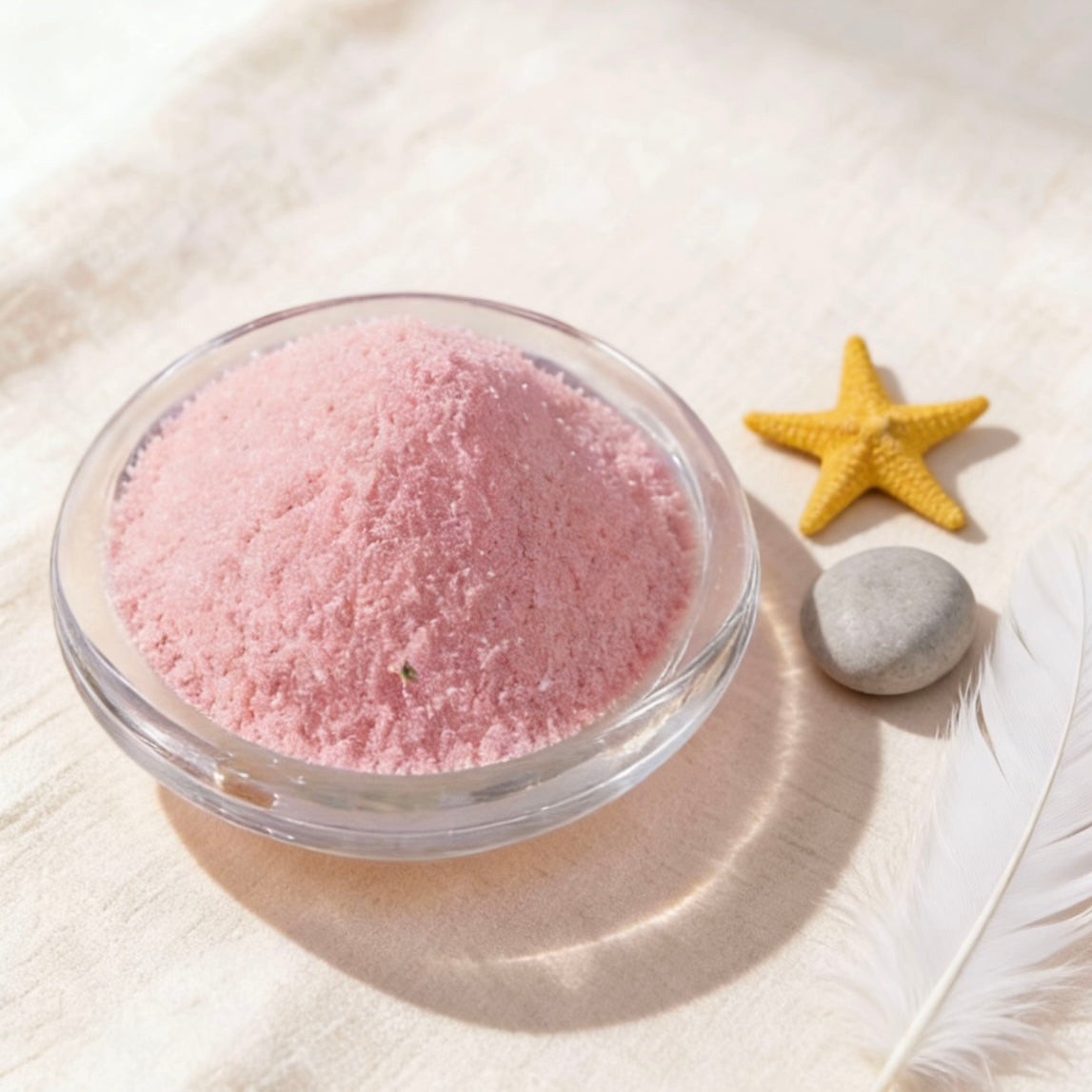 Pink candle wax powder in a glass bowl, styled with a yellow starfish, smooth stone and white feather