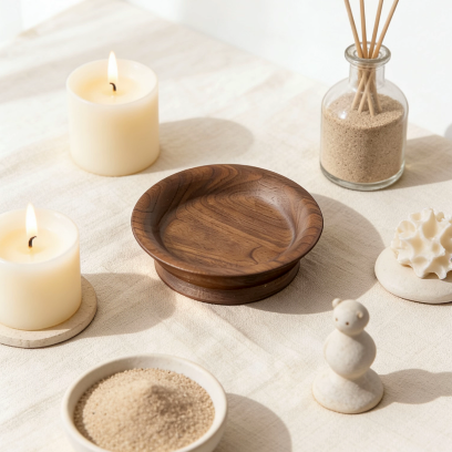 Round wooden candle holder base surrounded by lit candles, reed diffuser, and minimalist home decor items, creating a cozy and serene ambiance