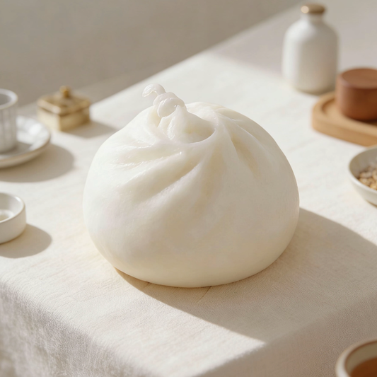 Steamed bun-shaped candle surrounded by minimalist home decor, creating a cozy and whimsical ambiance