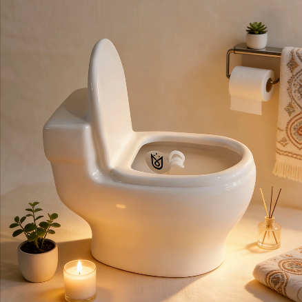 Toilet-shaped candle styled in a minimalist bathroom setting with plants and towels
