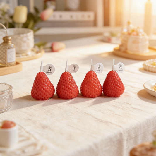 Set of vibrant red strawberry-shaped candles in a cozy kitchen setting