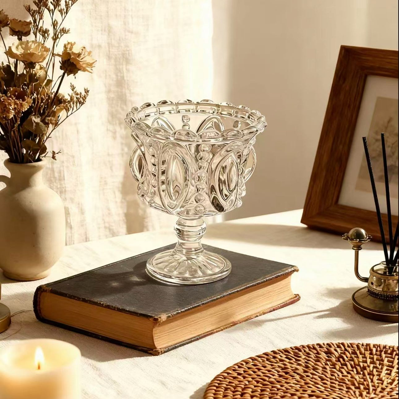 Vintage Clear Glass Candle Holder with Embossed Pattern