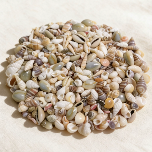 Assorted seashells in various colors and shapes, arranged in a circular pile, ideal for candle making, beach-themed crafts, and nautical decor