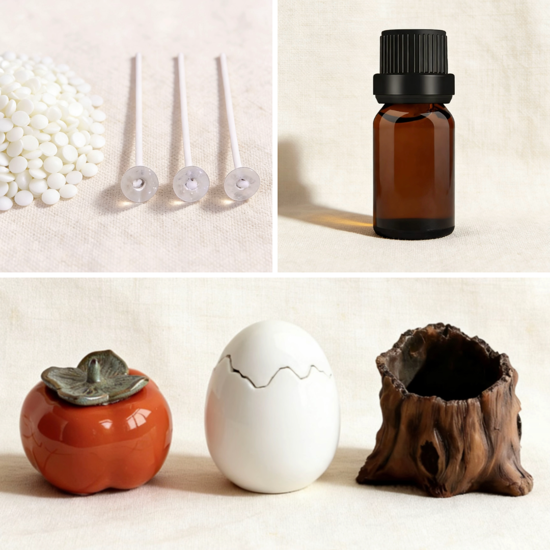 Collage of candle making supplies, including white wax beads, candle wicks, an amber essential oil bottle, and ceramic molds in persimmon, cracked egg, and tree stump designs, displayed on a neutral linen background.