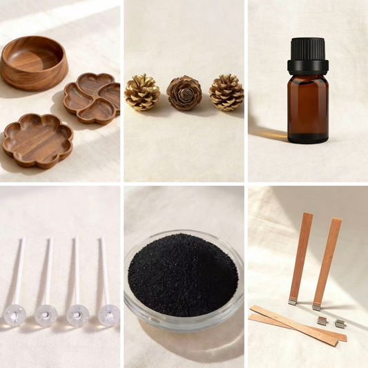 Collage of candle making supplies, including wooden bowls and molds in round, clover, and flower shapes, decorative pinecones, an amber essential oil bottle, pre-tabbed candle wicks, black sand in a glass bowl, and wooden wick sustainers, displayed on a neutral linen background