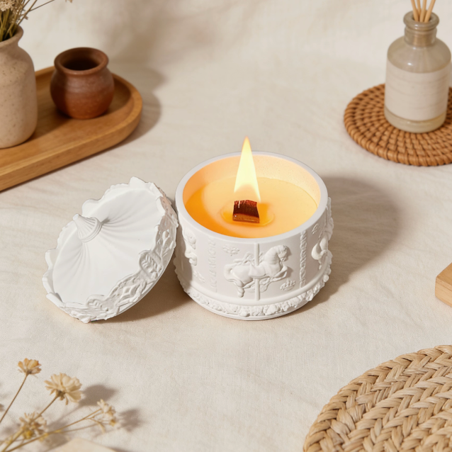 Carousel candle jar burning with wooden wick, bohemian home decor setup