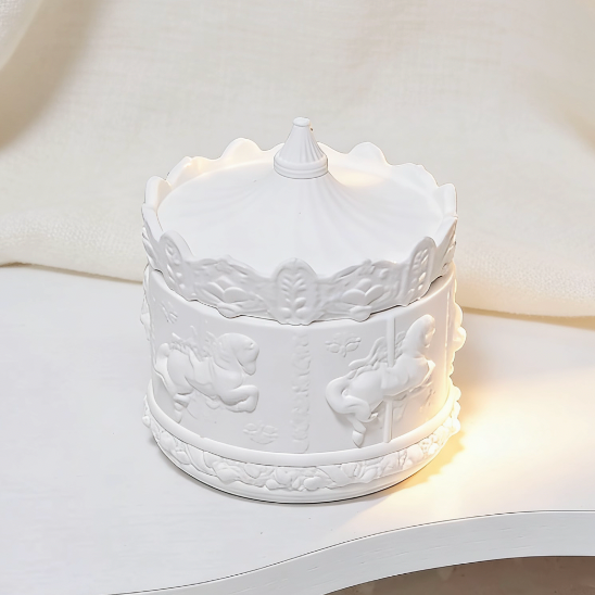 White ceramic carousel horse embossed candle jar with lid