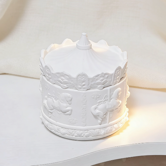 White ceramic carousel horse embossed candle jar with lid