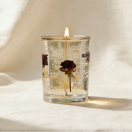 Clear gel candle with dried red rose petals, lit candle in glass jar
