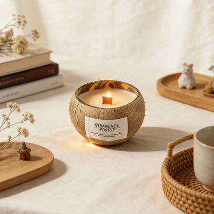 Coconut shell candle on table with books and rattan decor