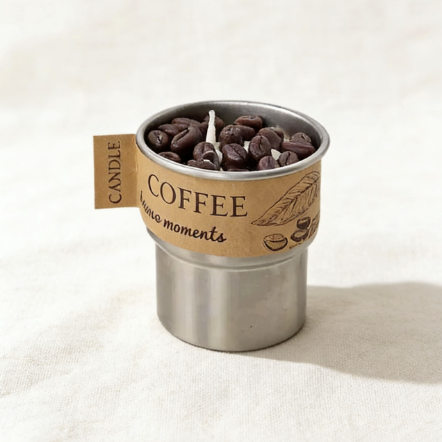 Coffee-inspired candle in a stainless steel tumbler, topped with realistic coffee bean wax sculptures, labeled "COFFEE inner moments", featuring a cotton wick, displayed on a neutral background