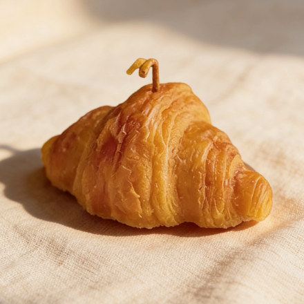 Buttery croissant-shaped candle with realistic flaky texture

