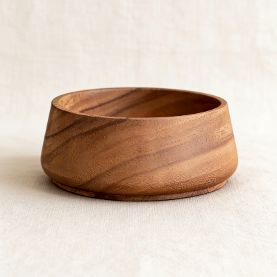 Curved-side wooden bowl with natural wood grain, ideal for holding candles, potpourri, or small decor items as a minimalist home accent