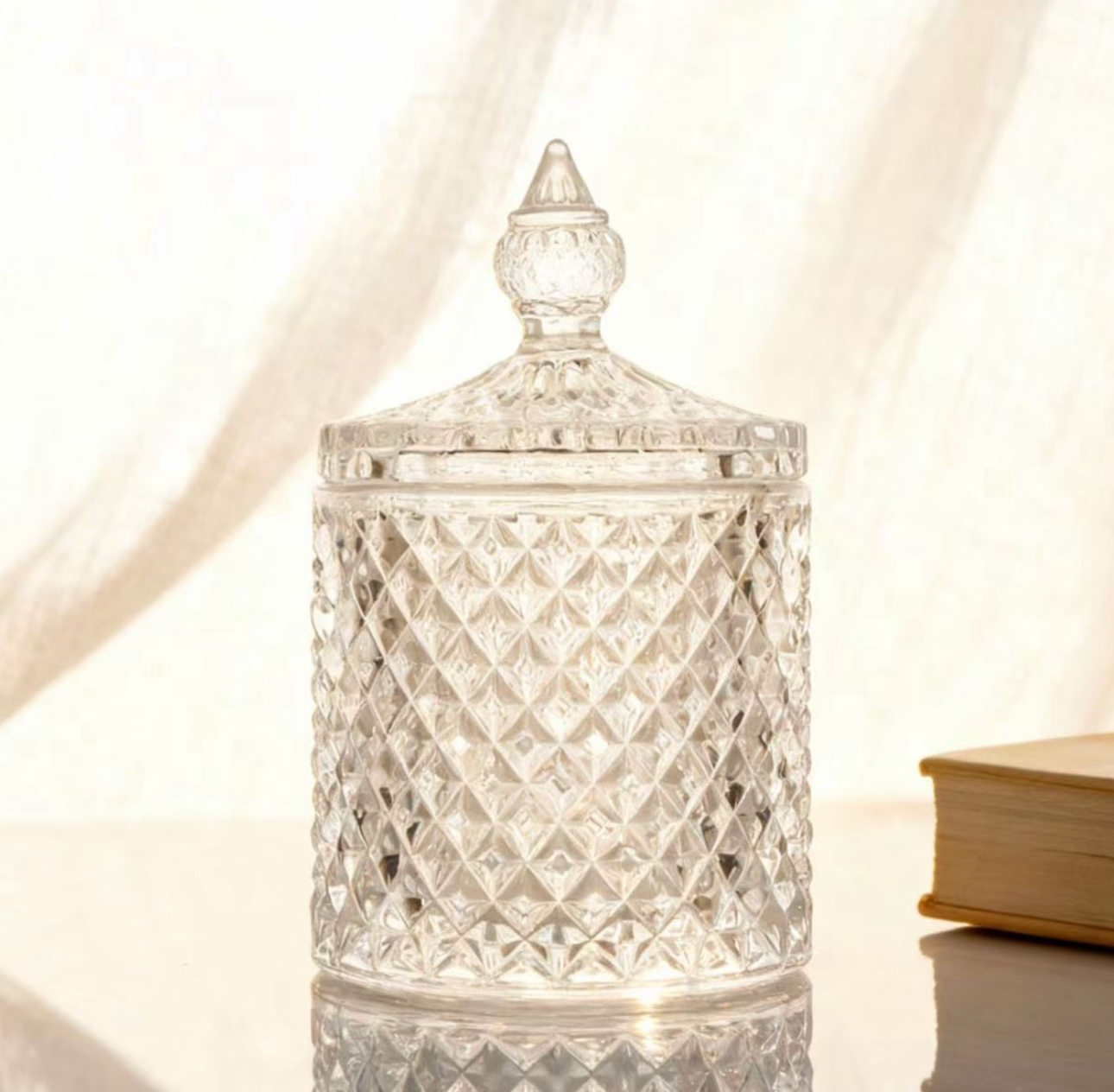 Diamond Pattern Glass Jar with Lid Candle Vessel
