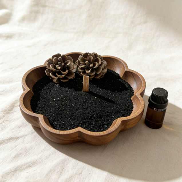 Decorative sand candle in a flower-shaped wooden bowl, filled with black sand, topped with two pinecones, and accompanied by an amber essential oil bottle on a soft white linen background