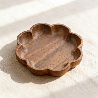 Flower-shaped wooden candle tray with natural wood grain, perfect for holding candles, jewelry, or small decor items as a charming home accent