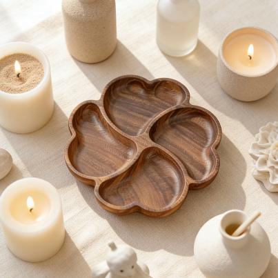 Four-compartment flower-shaped wooden tray surrounded by lit candles, diffuser bottles, and minimalist home decor, creating a cozy and organized ambiance