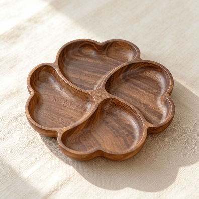 Four-compartment flower-shaped wooden tray with natural wood grain, ideal for organizing candles, snacks, jewelry, or small decor items
