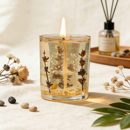 Transparent gel candle with embedded dried lavender sprigs and suspended gold flakes, surrounded by dried flowers, stones, reed diffuser, and minimalist home decor, creating a calming and luminous ambiance when lit