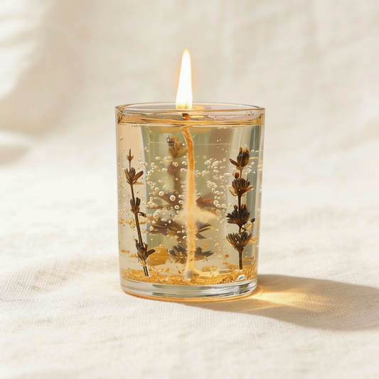 Transparent gel candle with embedded dried lavender sprigs and suspended gold flakes, creating a calming and luminous ambiance when lit