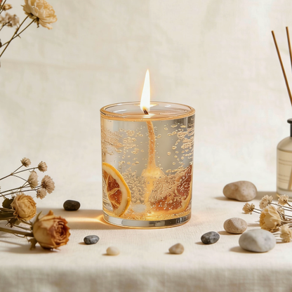 Transparent gel candle with embedded dried orange slices and suspended bubbles, surrounded by dried flowers, stones, and minimalist home decor, creating a fresh and luminous ambiance when lit