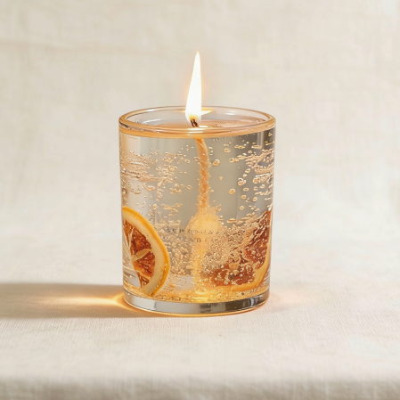 Transparent gel candle with embedded dried orange slices and suspended bubbles, creating a fresh and luminous ambiance when lit