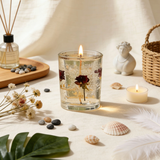 Dried rose gel candle with reed diffuser, shells and bohemian home decor