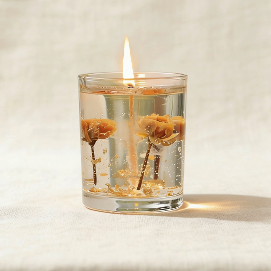 Transparent gel candle with embedded dried roses and gold flakes, creating a luminous and elegant ambiance when lit