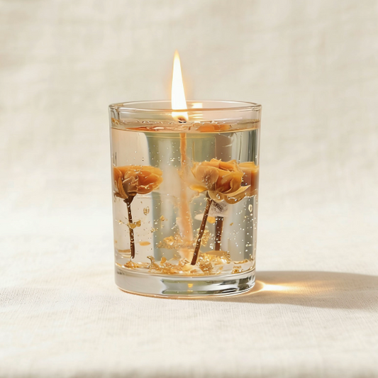 Transparent gel candle with embedded dried roses and gold flakes, creating a luminous and elegant ambiance when lit