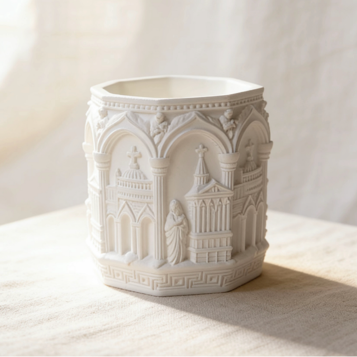 Gothic architectural castle carved ceramic candle container