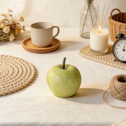 Green apple candle on coffee table with cup, reed diffuser and decor