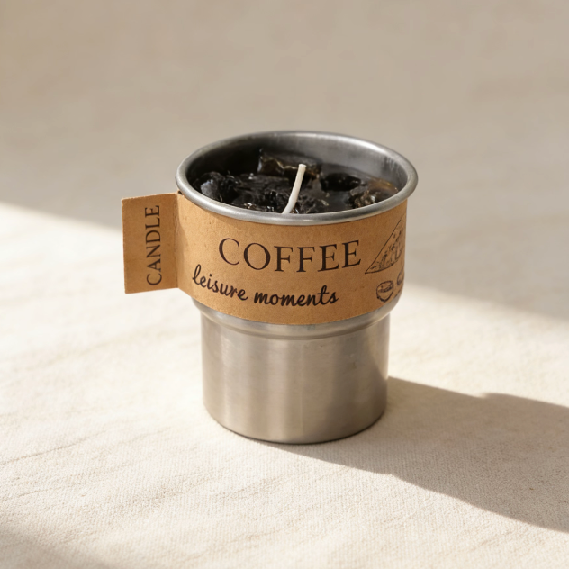 Iced coffee-inspired candle in a stainless steel tumbler, with dark coffee-colored wax and realistic ice cube wax sculptures, labeled "COFFEE leisure moments", featuring a cotton wick, displayed on a neutral background