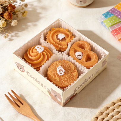 Box of cookies with decorative elements on a light surface
