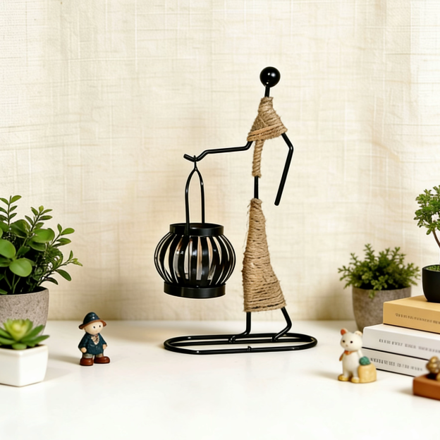 Lantern design candle holder with mini figurines and greenery