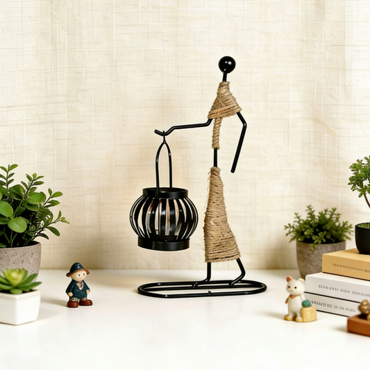Lantern design candle holder with mini figurines and greenery
