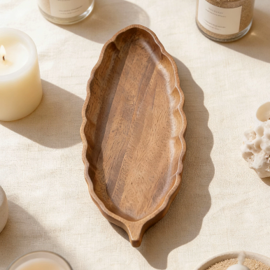 Leaf-shaped wooden tray surrounded by lit candles, glass jars, and minimalist home decor, creating a cozy and nature-inspired ambiance
